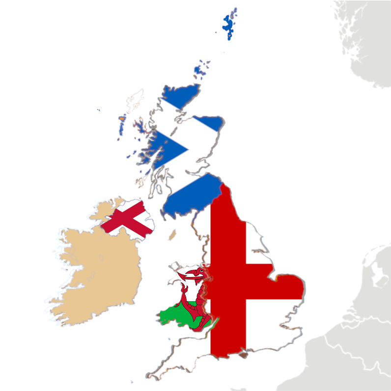 Map of countries in the UK with flags